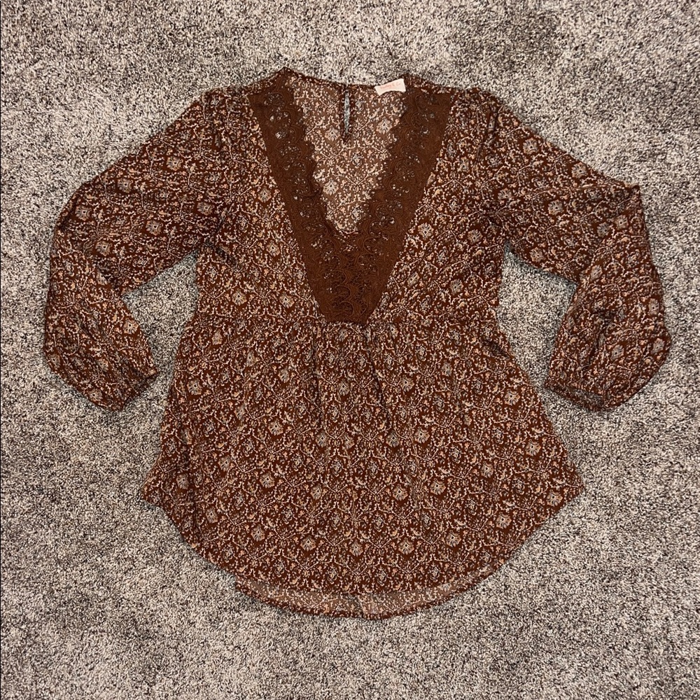 Women’s Elegant Brown/Burnt Orange Lace Deep V Neck Oversized Fall Blouse